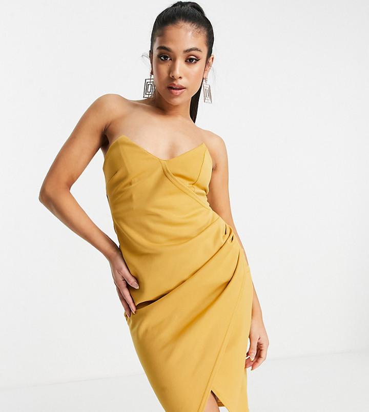 Asos Design Petite Bandeau Wrap Midi Dress In Honey-yellow