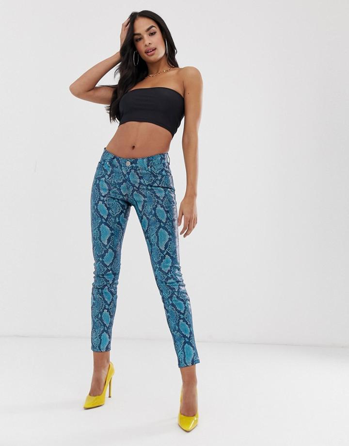 Asos Design Lisbon Mid Rise Skinny Jeans In Coated Blue Snake-multi