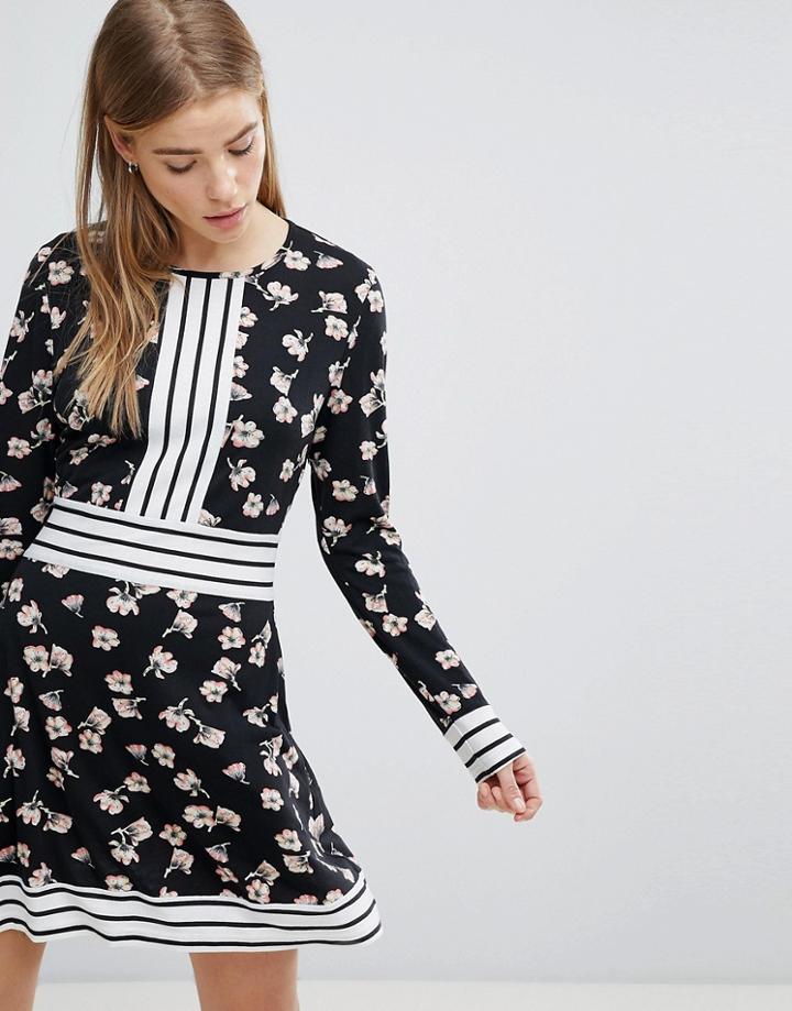 Yumi Floral Skater Dress With Contrast Stripe Trim - Black