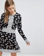 Yumi Floral Skater Dress With Contrast Stripe Trim - Black