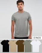 Asos T-shirt With Roll Sleeve 5 Pack Save - Multi