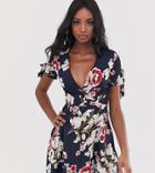 Parisian Tall Wrap Front Dress With Tie Sleeve Detail In Floral Print-navy