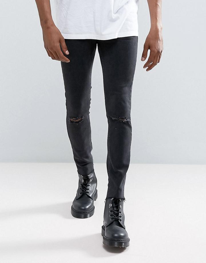 Mennace Super Skinny Fit Jean With Rips And Raw Hem In Black - Black