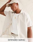 Asos Design Relaxed Revere Shirt In Linen Mix Beige Pinstripe-neutral