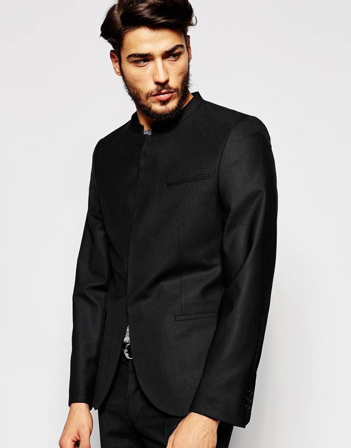 Noak Blazer In Slim Fit With Mandarin Collar - Black