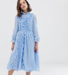 Sister Jane Button Through Midi Dress With Ruffle Detail In Gingham Seersucker - Blue