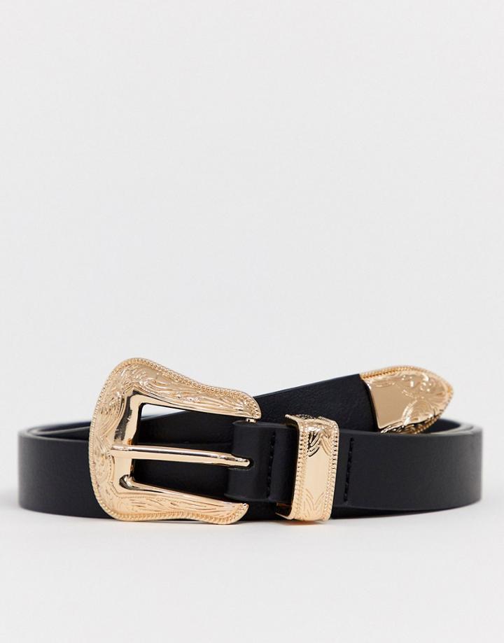 Asos Design Faux Leather Western Belt In Black With Gold Buckle