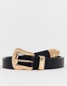 Asos Design Faux Leather Western Belt In Black With Gold Buckle