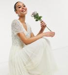 Maya Tall Bridal V Neck Maxi Tulle Dress With Tonal Delicate Sequin In Ecru-white