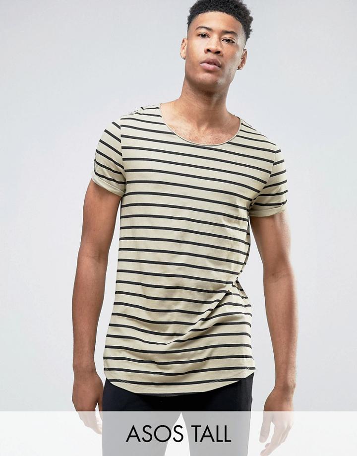 Asos Tall Longline Striped T-shirt With Curved Hem And Roll Sleeve - G