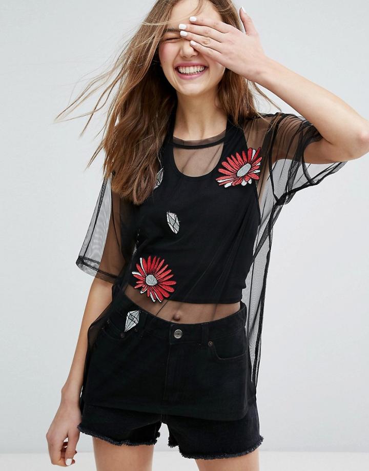 Monki Mesh Embrodiered Boxy Top - Black
