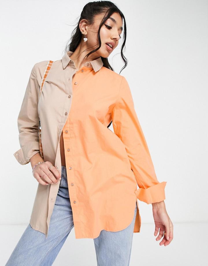 Pieces Oversized Shirt In Beige & Orange-multi