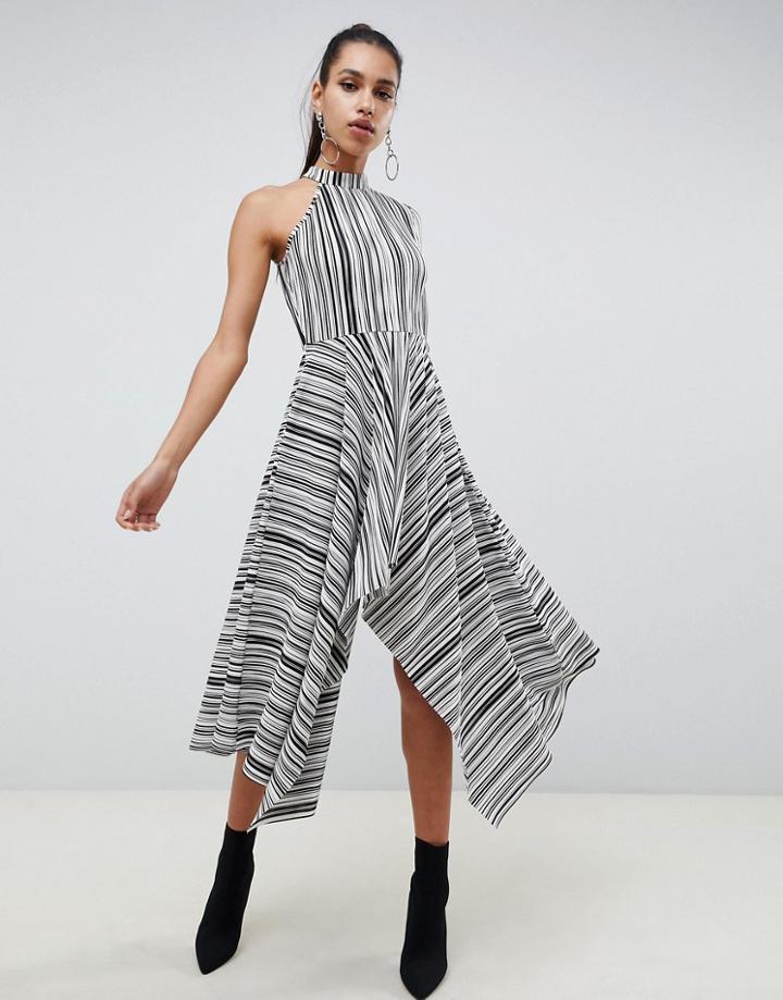 Asos Design Asymmetric One Shoulder Plisse Dress In Mono Stripe - Multi