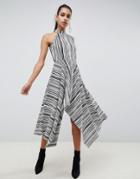 Asos Design Asymmetric One Shoulder Plisse Dress In Mono Stripe - Multi