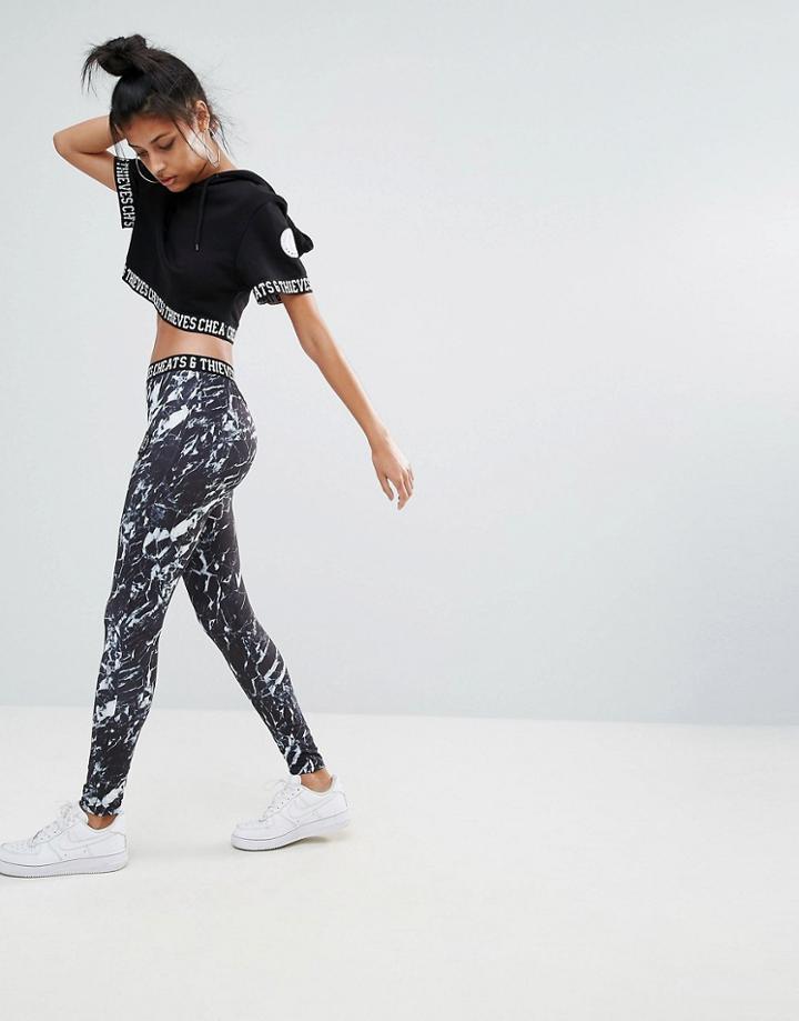 Cheats & Theives Leggings In Marble Print With Logo Waistband - Black