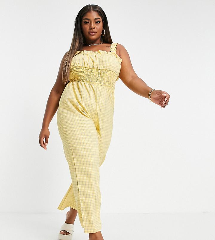 Fashion Union Plus Shirred Waist Wide Leg Jumpsuit In Plaid-yellow