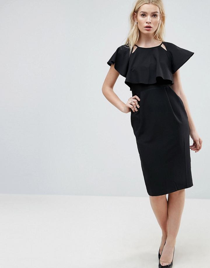 Asos Double Layer Midi Wiggle Dress With Angel Sleeve - Black