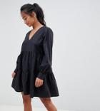 Asos Design Petite Tiered Cotton Smock Mini Dress - Black