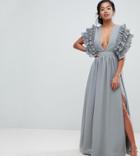 True Decadence Petite Premium Plunge Front Maxi Dress With Shoulder Detail - Gray