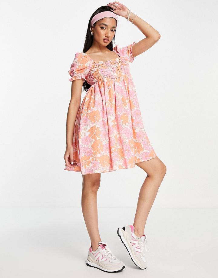 Glamorous Square Neck Mini Dress In 60s Floral-pink