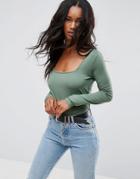 Asos T-shirt With Square Neck And Long Sleeves - Green