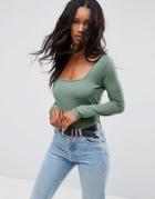 Asos T-shirt With Square Neck And Long Sleeves - Green