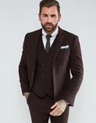 Asos Slim Suit Jacket In 100% Wool Harris Tweed Herringbone In Brown - Brown
