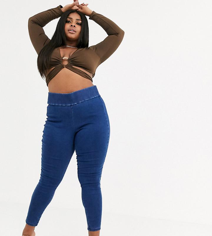 Asos Design Curve Pull On Jegging In Smoky Blue Wash With Wide Waist Band Detail - Blue