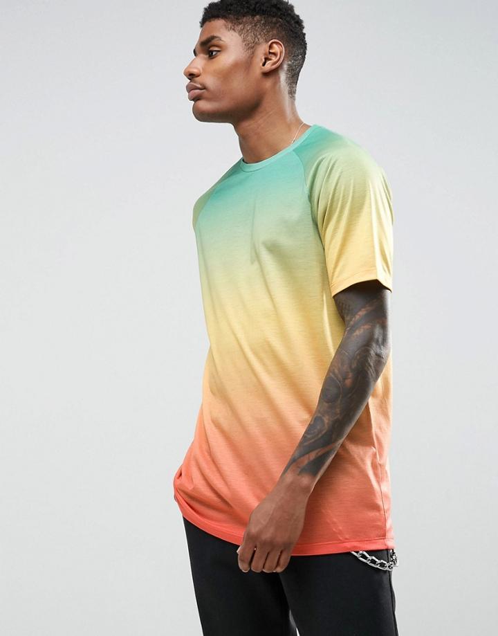 Asos Longline Raglan T-shirt With Bright Ombray Dip Dye - Multi