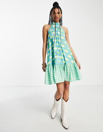 Twisted Wunder Halterneck Mini Dress In Blue Geo Print
