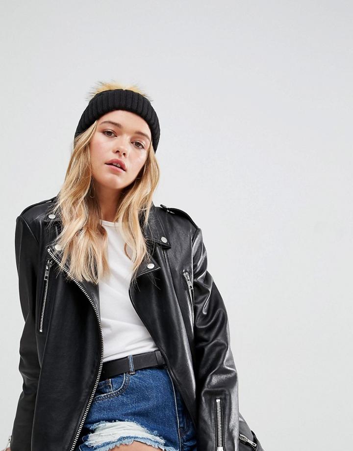 Asos Cable Pom Beanie With Ginger Faux Fur Pom - Black