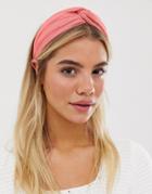 Asos Design Headband With Twist Front In Plisse In Pink-orange