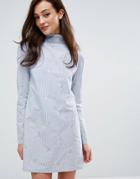 Fashion Union High Neck Dress In Blue Stripe With Embroidery - Blue