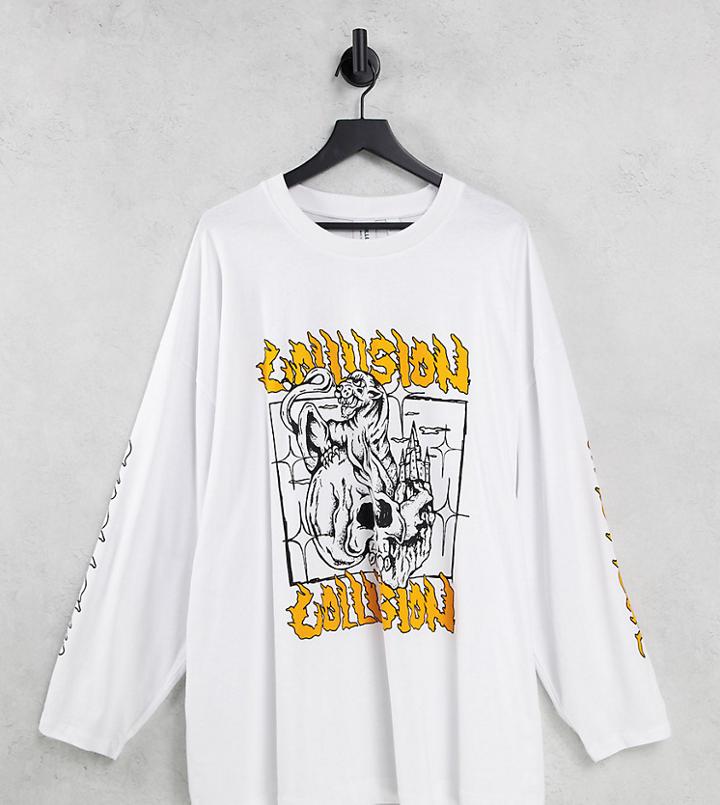 Collusion Plus Long Sleeve Slub Panther T-shirt In White