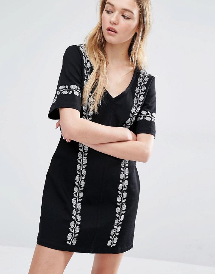 Neon Rose V Neck Dress With Embroidery - Black