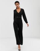 Ax Paris Long Sleeve Jumpsuit With Belt Detail - Black