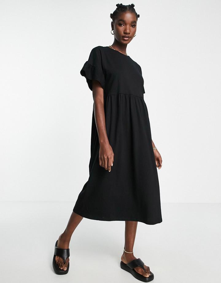 River Island Frill Smock Midi Dress In Black