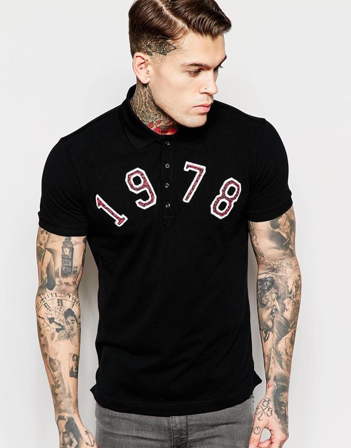 Diesel Polo T-daniel-aa Pique With 1978 Applique In Black - Black
