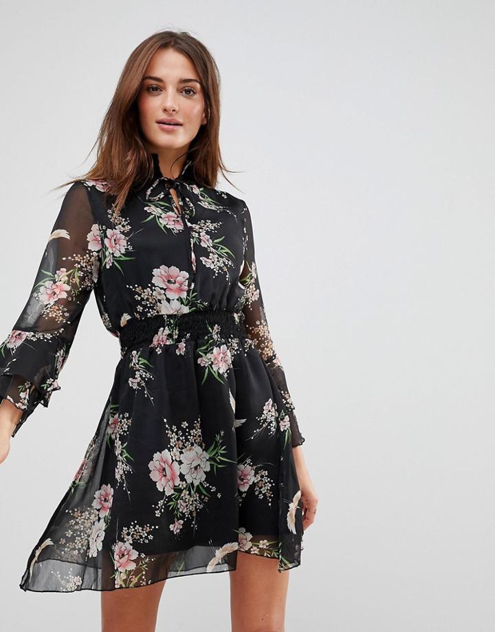 Influence High Neck Dress With Ruffle Sleeves And Tie - Black