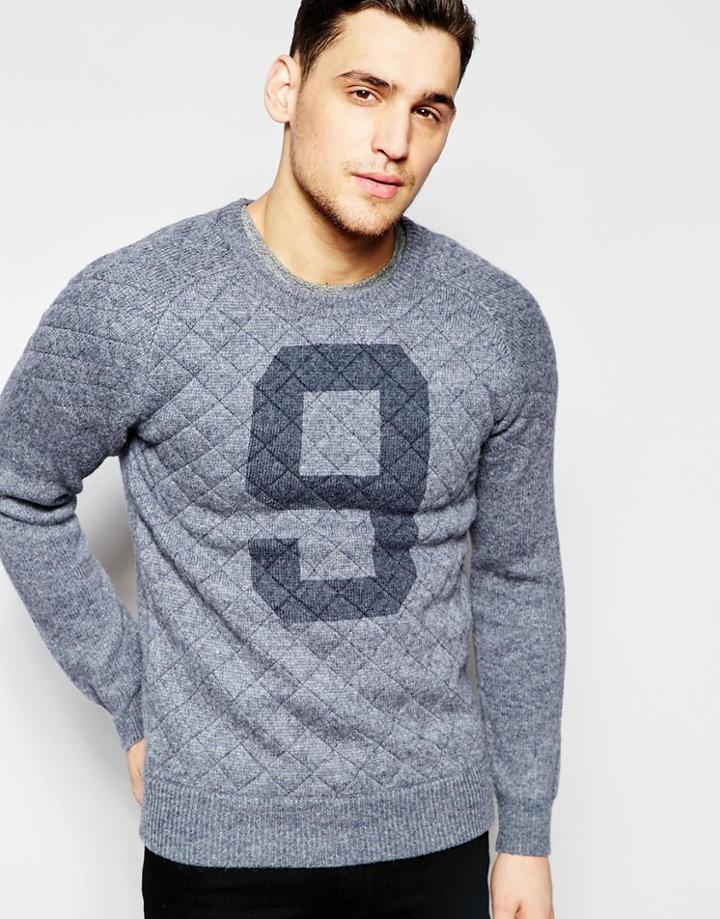Scotch & Soda Knitted Crewneck Pull With Quilted Frontpanel And Shoulders - Gray