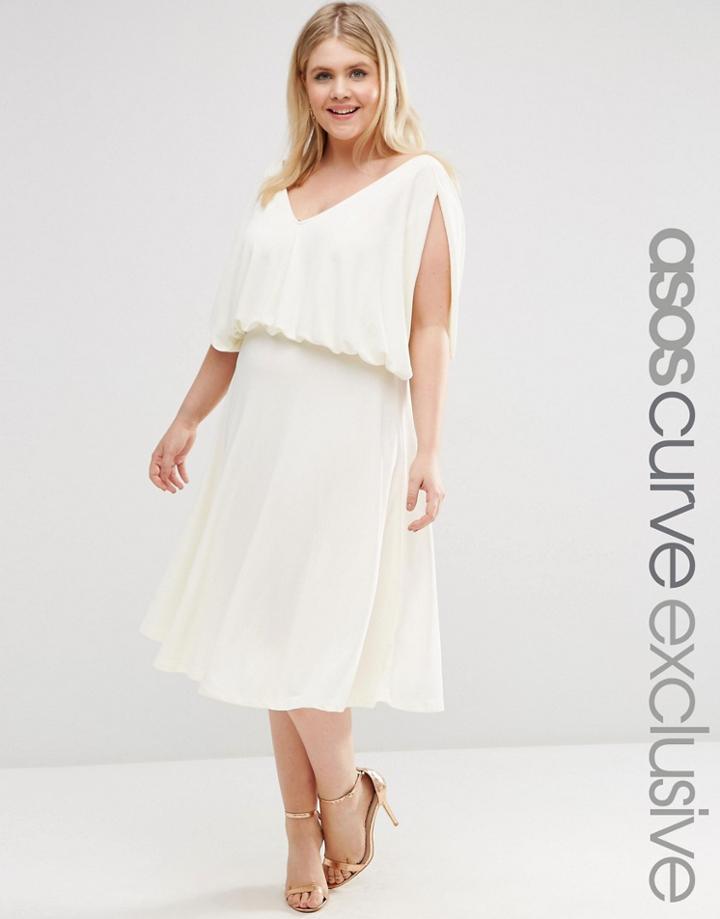 Asos Curve Midi Dress In Crepe With Drape Layer - Cream