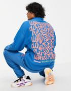 Asos Daysocial Oversized Quarter Zip Sweatshirt In Polar Fleece With Back Graphic Print In Blue - Part Of A Set-blues