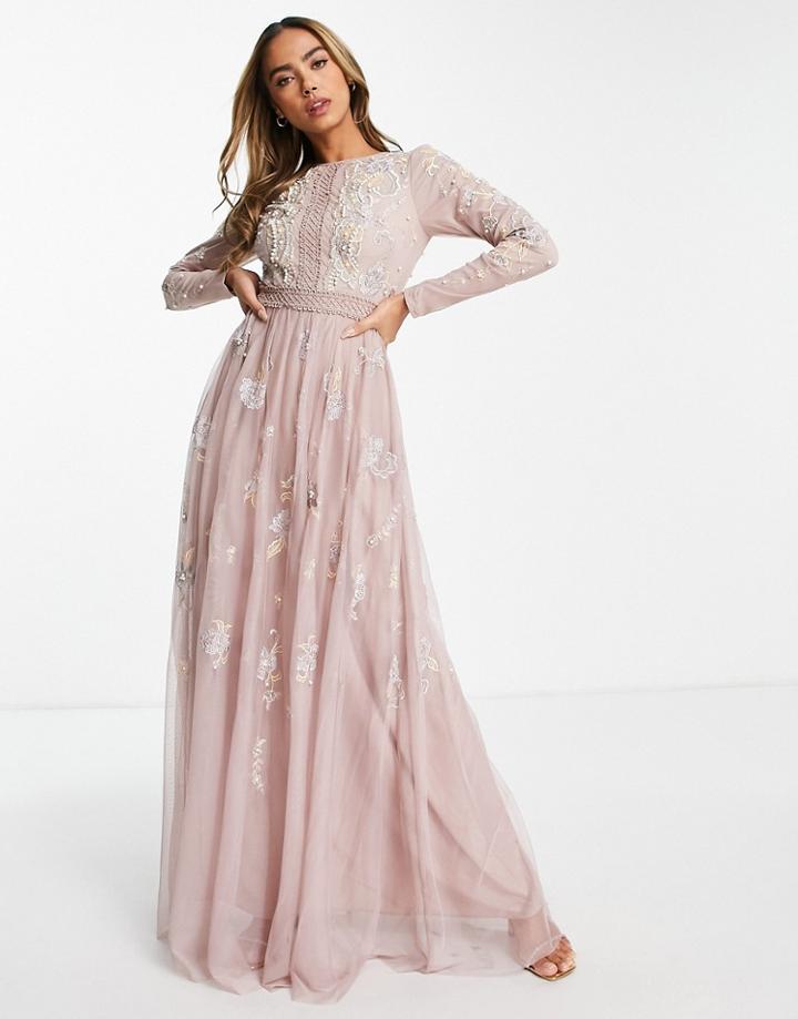 Asos Design Bridesmaid Pearl Embellished Long Sleeve Maxi Dress With Floral Embroidery In Rose-pink