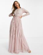 Asos Design Bridesmaid Pearl Embellished Long Sleeve Maxi Dress With Floral Embroidery In Rose-pink