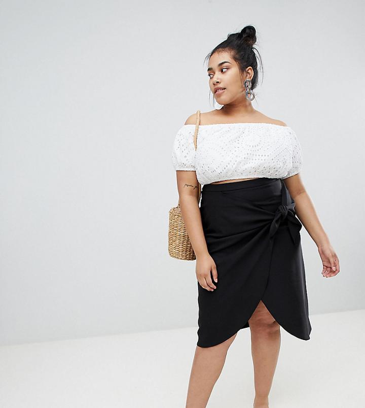 River Island Plus Midi Skirt With Tie Side Detail In Black - Black