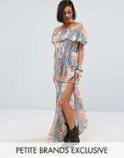 Sisters Of The Tribe Petite Printed Bardot Frill Maxi Dress With Thigh Split - Multi
