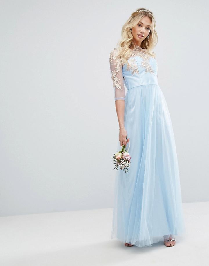 Chi Chi London Metallic Premium Lace Maxi Dress With Tulle Skirt - Blue
