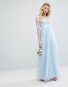 Chi Chi London Metallic Premium Lace Maxi Dress With Tulle Skirt - Blue