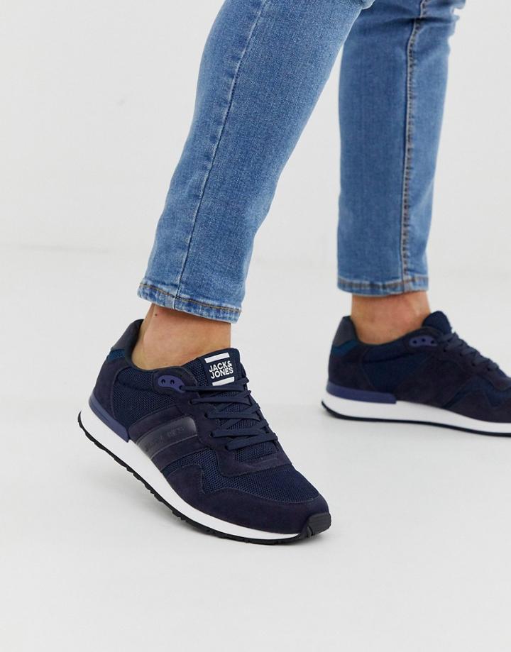 Jack & Jones Runner Sneaker In Mesh And Suede In Navy