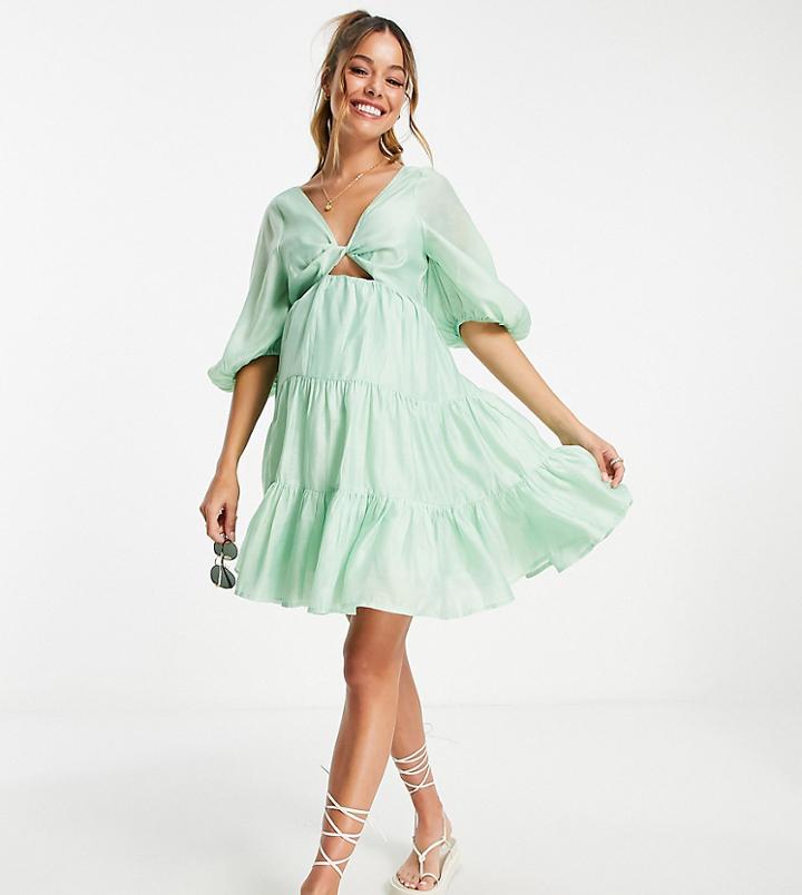 Asos Design Maternity Tiered Voile Mini Dress With Twist Front Detail-green